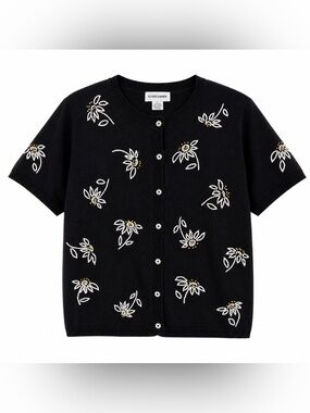 Alfred Dunner Black Floral Embroidered Short-Sleeve Button Front Cardigan Size L